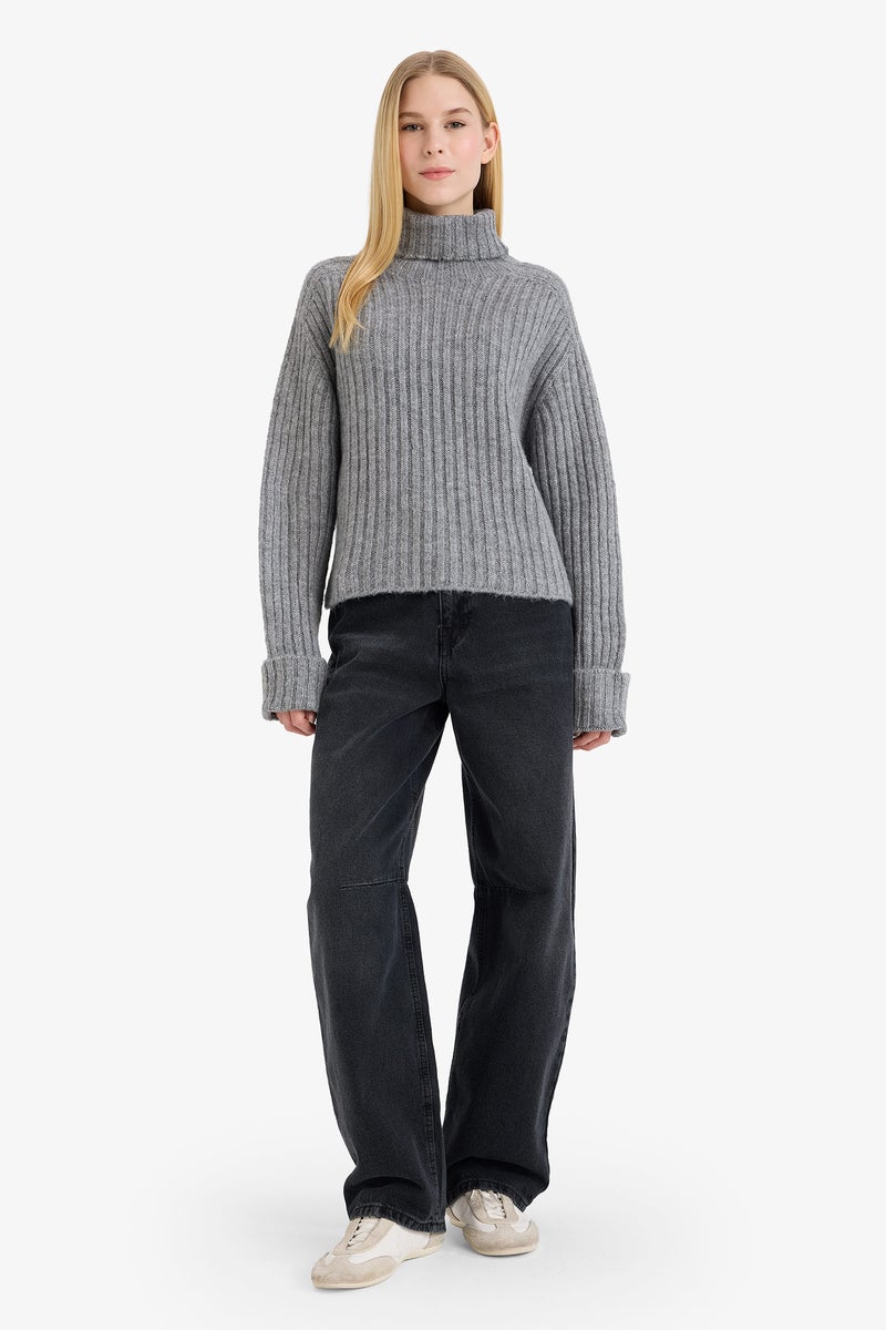DeFacto Grey Woman Oversize Turtleneck Pullover Casual - Image 2